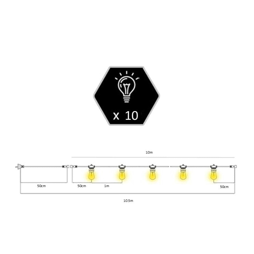 G45 Glass Bulb Festoon Lights | 10m 10 Bulbs | Non Dimmable | Flat Flush Mount